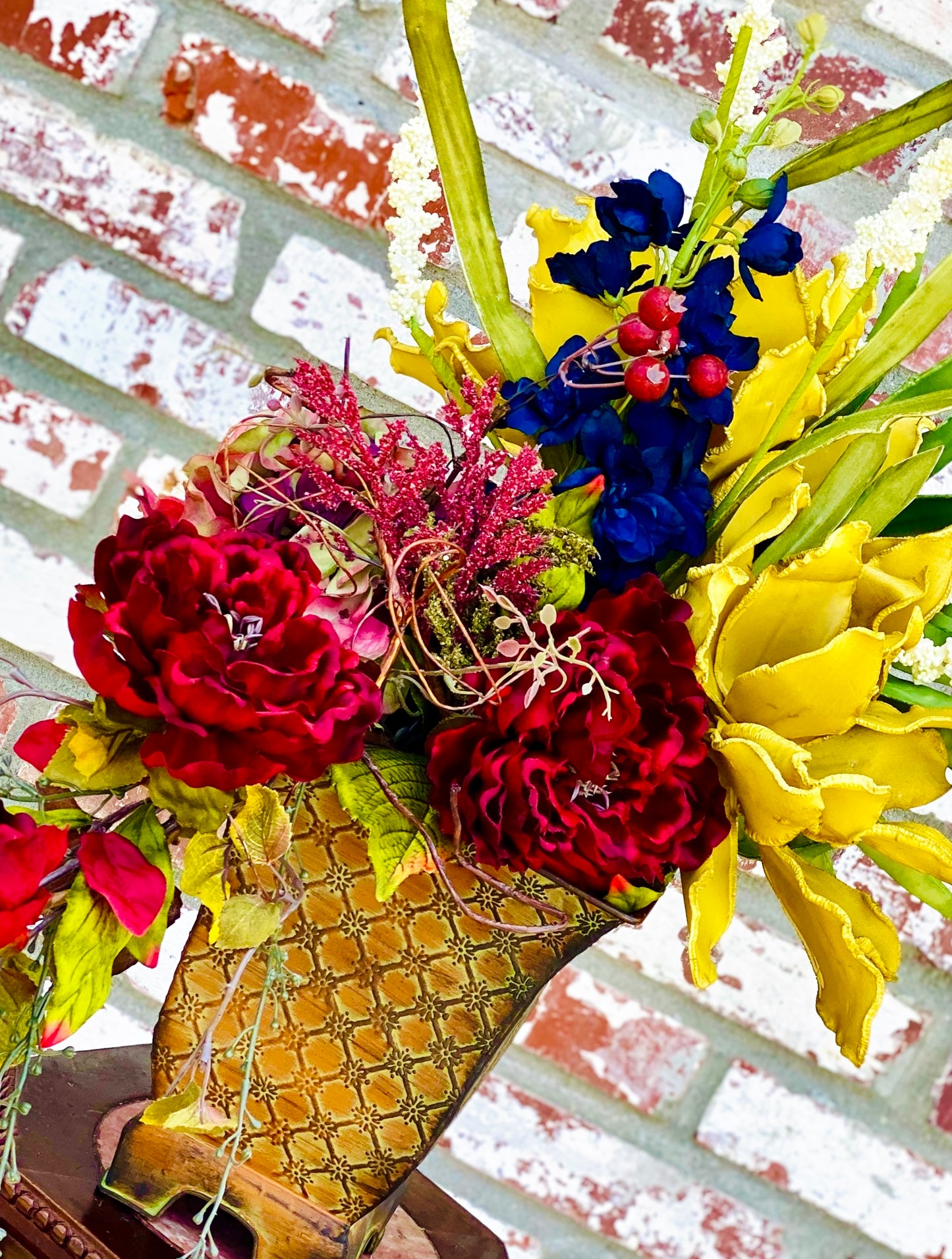 Statement Faux Flower Arrangement – Designer Vase – Rich Jewel-Tone Silk Florals