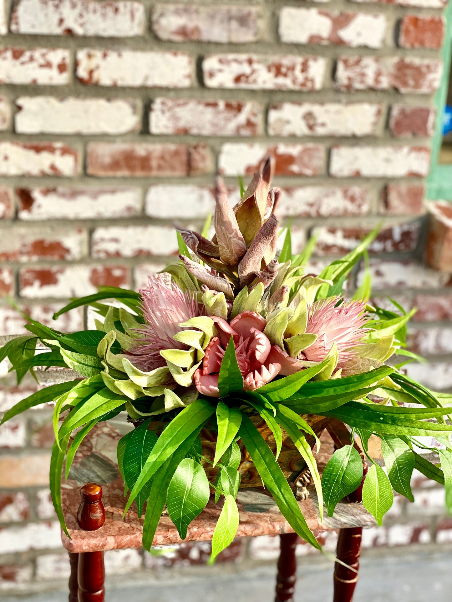 Tropical Silk Floral Arrangement – Blush Protea Centerpiece – Faux Greenery Décor