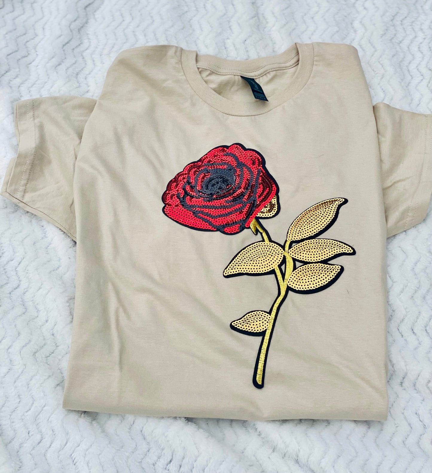 Beige Graphic Rose T-Shirt – Sequin Embroidered Floral Tee for Women & Teens