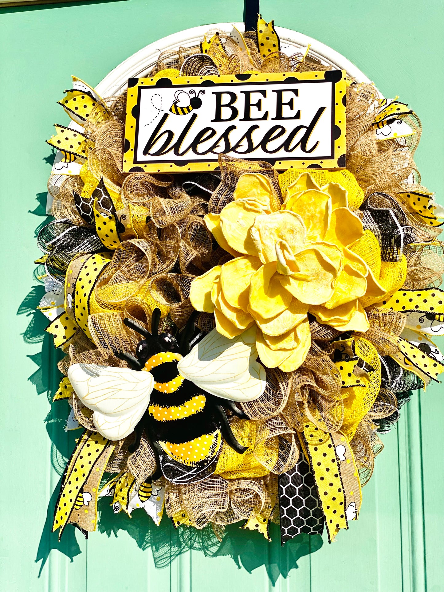 Bee Blessed” Wreath – Handmade Yellow & Black Bee Door Hanger with Floral Accents