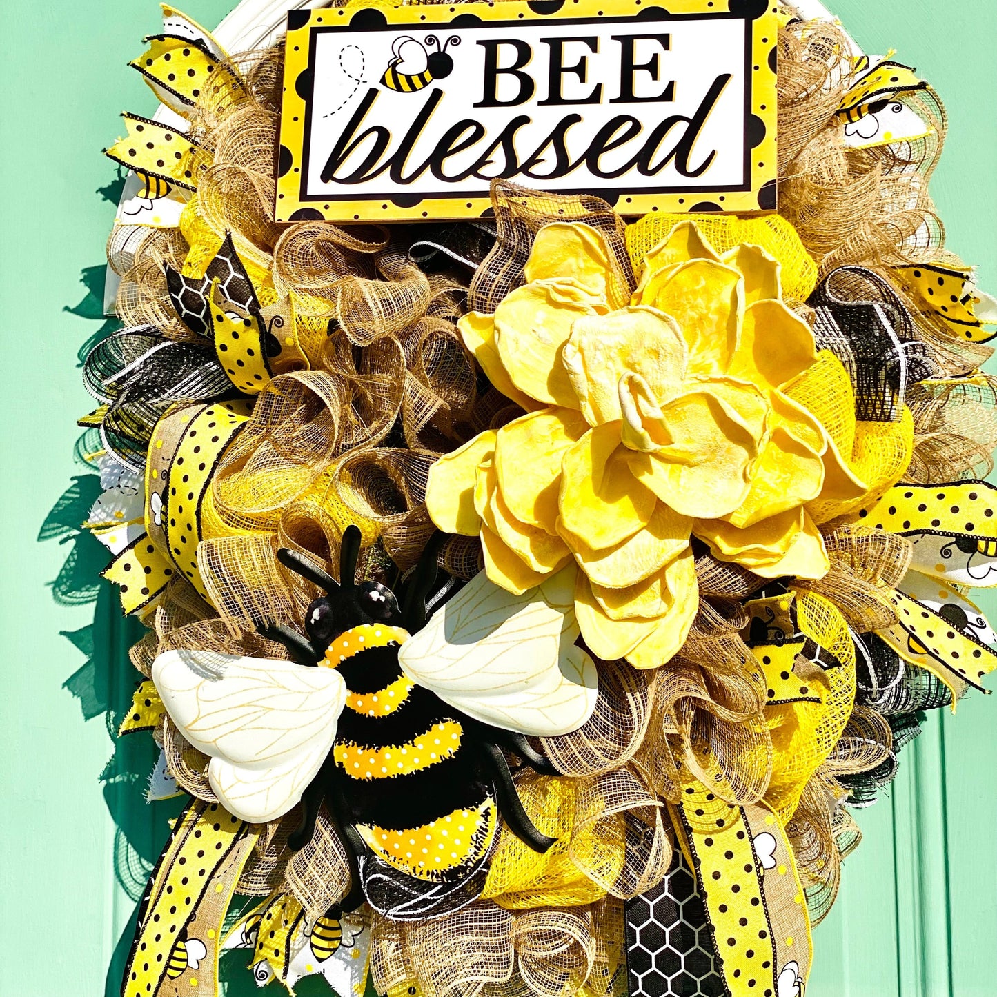 Bee Blessed” Wreath – Handmade Yellow & Black Bee Door Hanger with Floral Accents