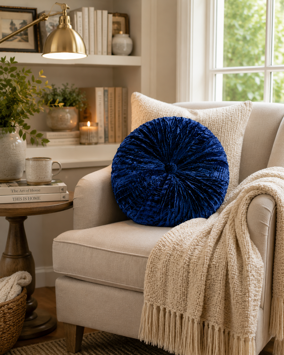 18” Handmade Navy Blue Ribbed Tufted Accent Pillow