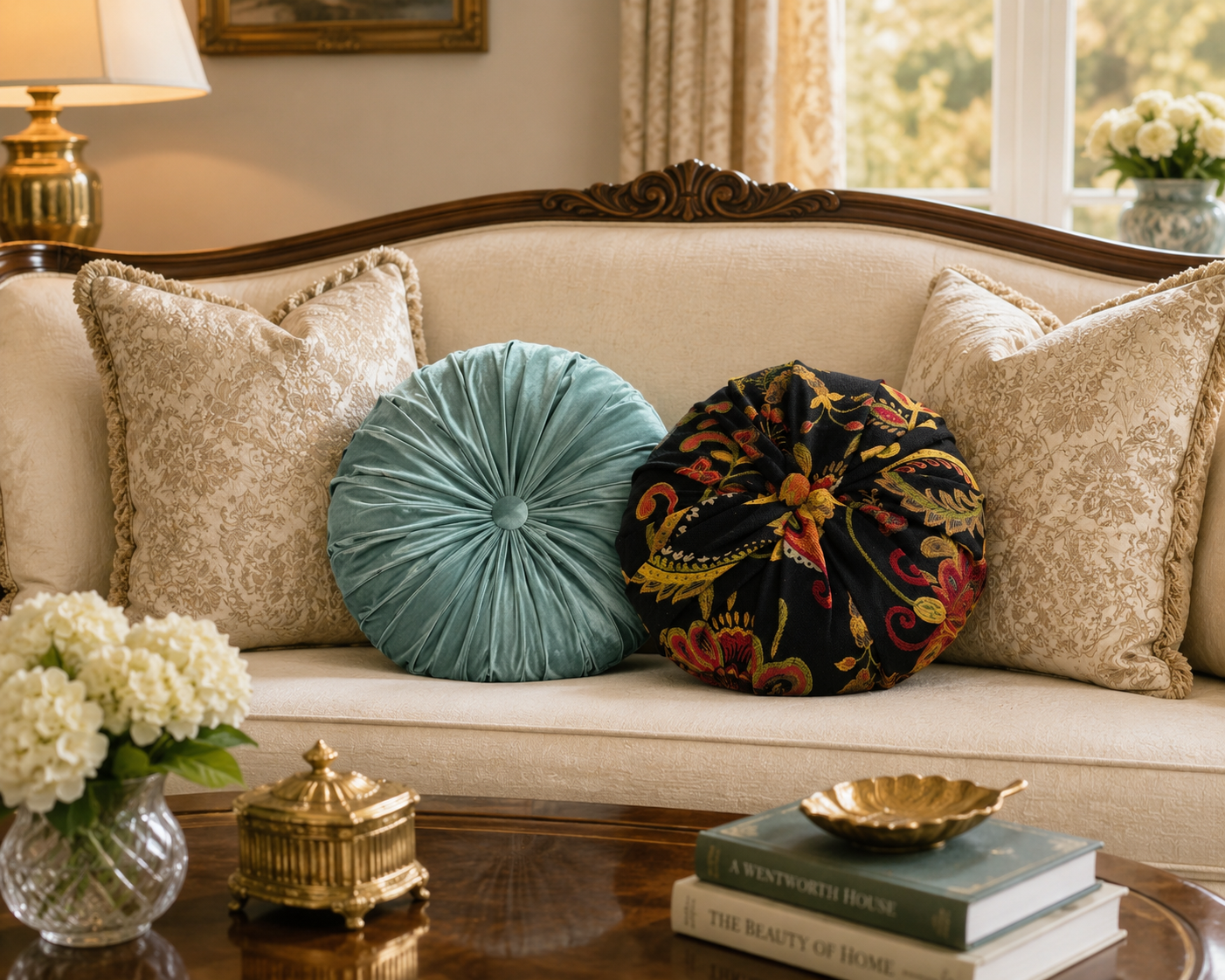 16” Handmade Tufted Decorative Pillow – Luxury Black & Gold Accent Pillow, Round Designer Throw Pillow, Elegant Vintage Inspired Home Decor