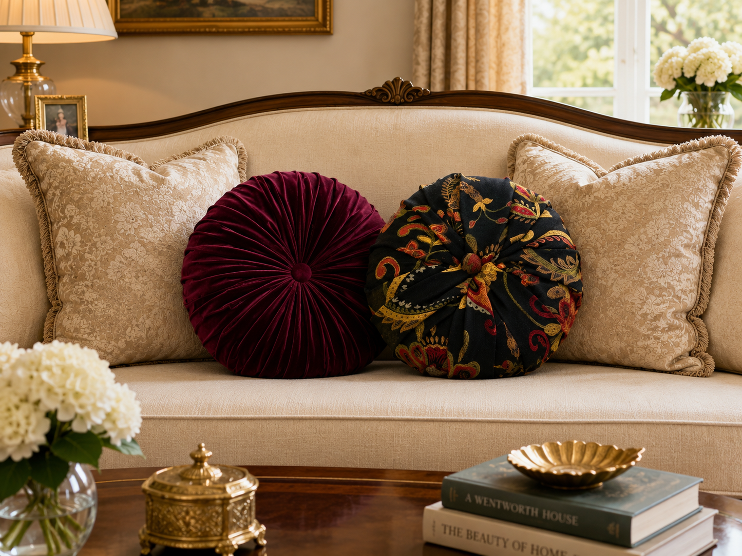 18” Handmade Burgundy Tufted Pillow | Round Pleated Accent Cushion | Luxury Glam Home Décor | Decorative Throw Pillow