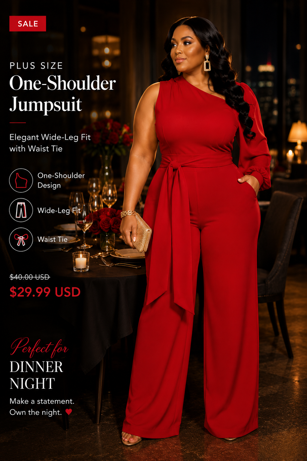 Plus Size One-Shoulder Jumpsuit – Elegant Wide-Leg Fit with Waist Tie