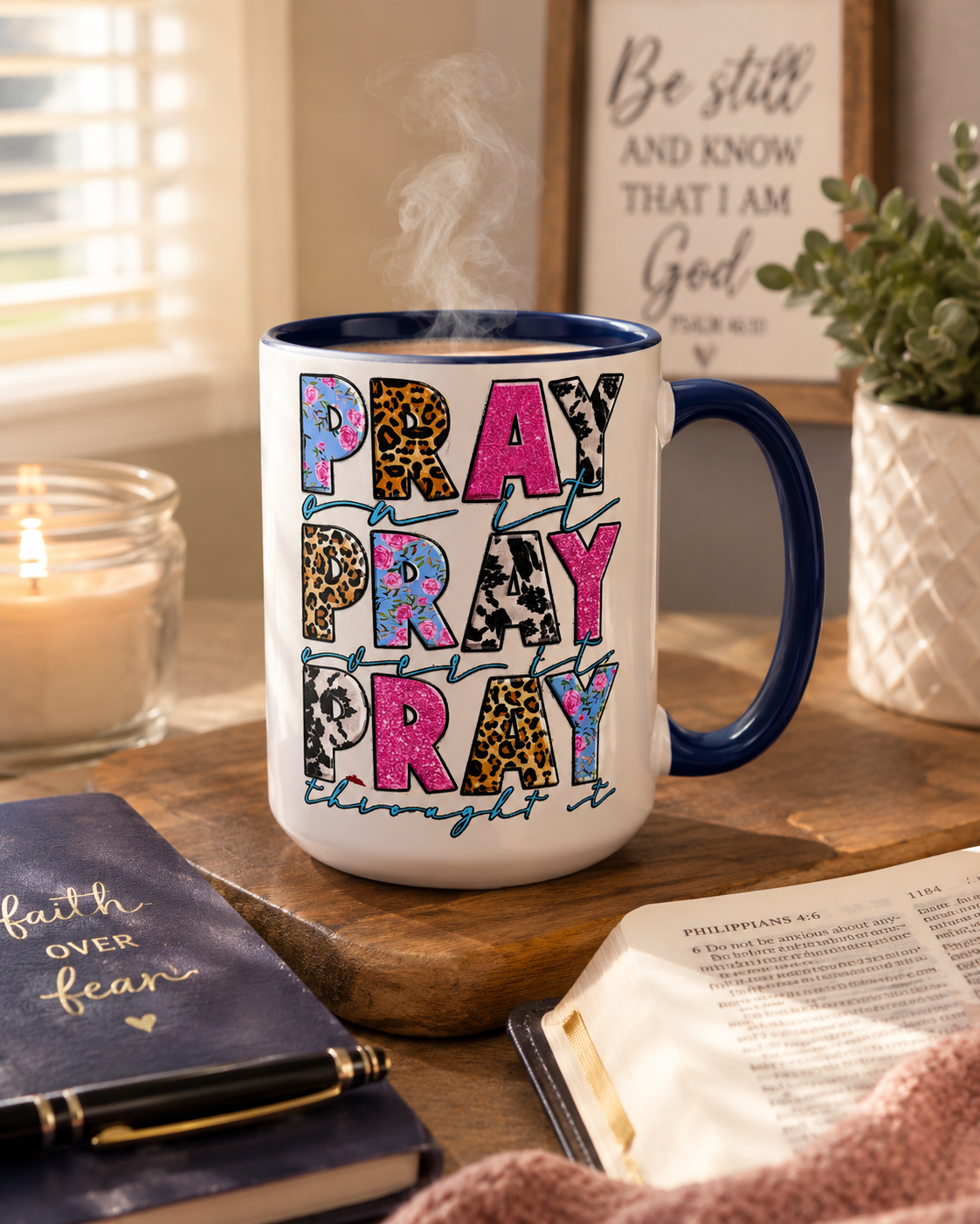 Pray On It Pray Over It Pray Through It 15 oz Christian Coffee Mug | Inspirational Faith Gift for Women