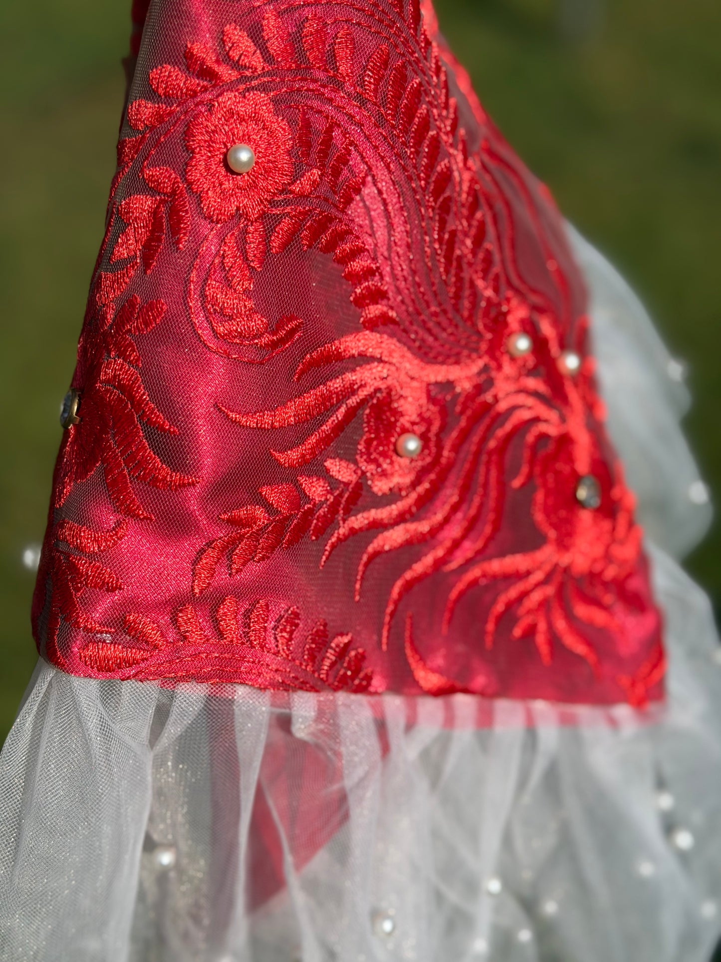 Red Floral Pearl-Embellished Handkerchief/Lap Scarf