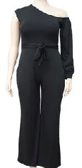 Plus Size One-Shoulder Jumpsuit – Elegant Wide-Leg Fit with Waist Tie