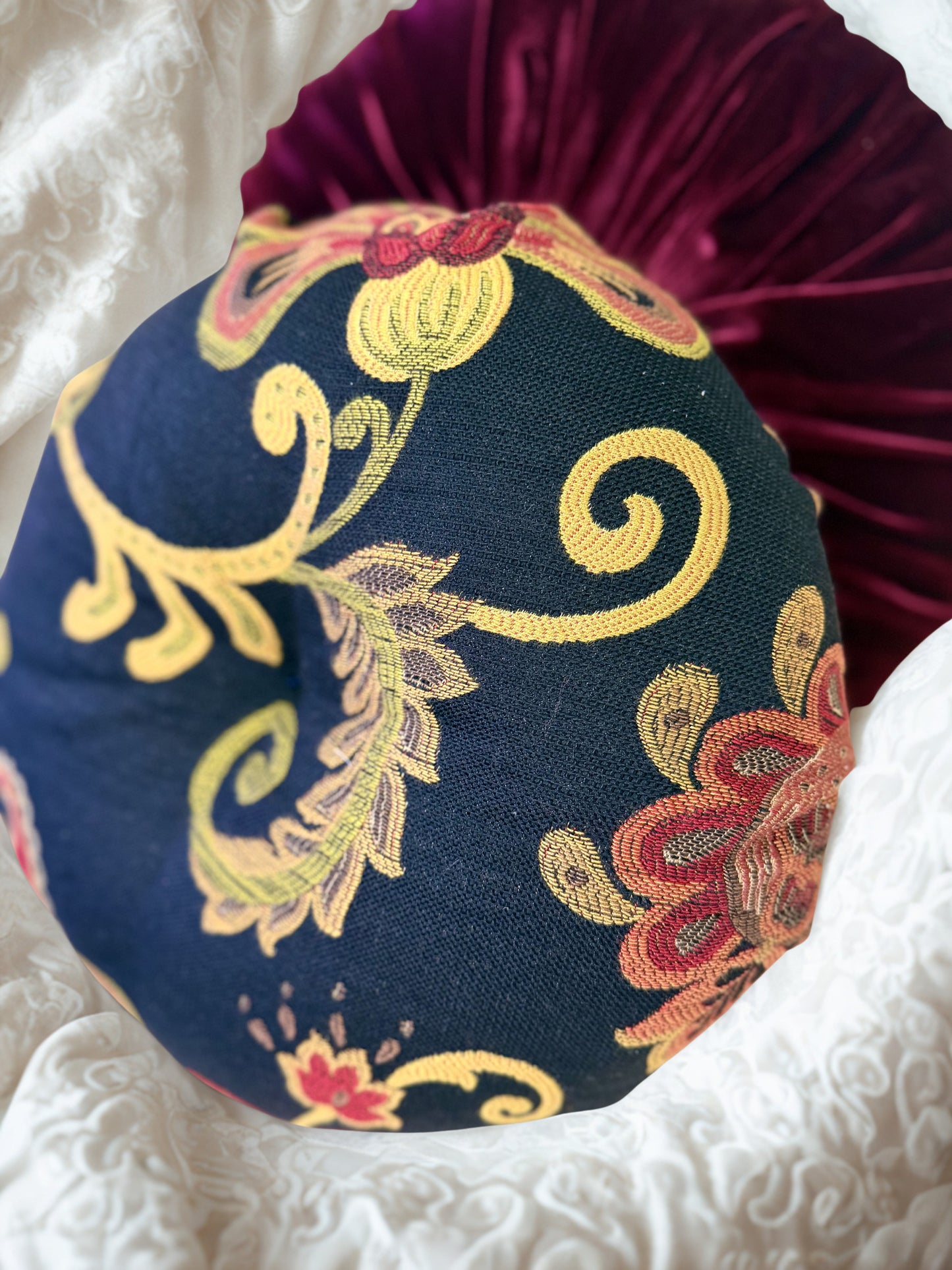 16” Handmade Tufted Decorative Pillow – Luxury Black & Gold Accent Pillow, Round Designer Throw Pillow, Elegant Vintage Inspired Home Decor