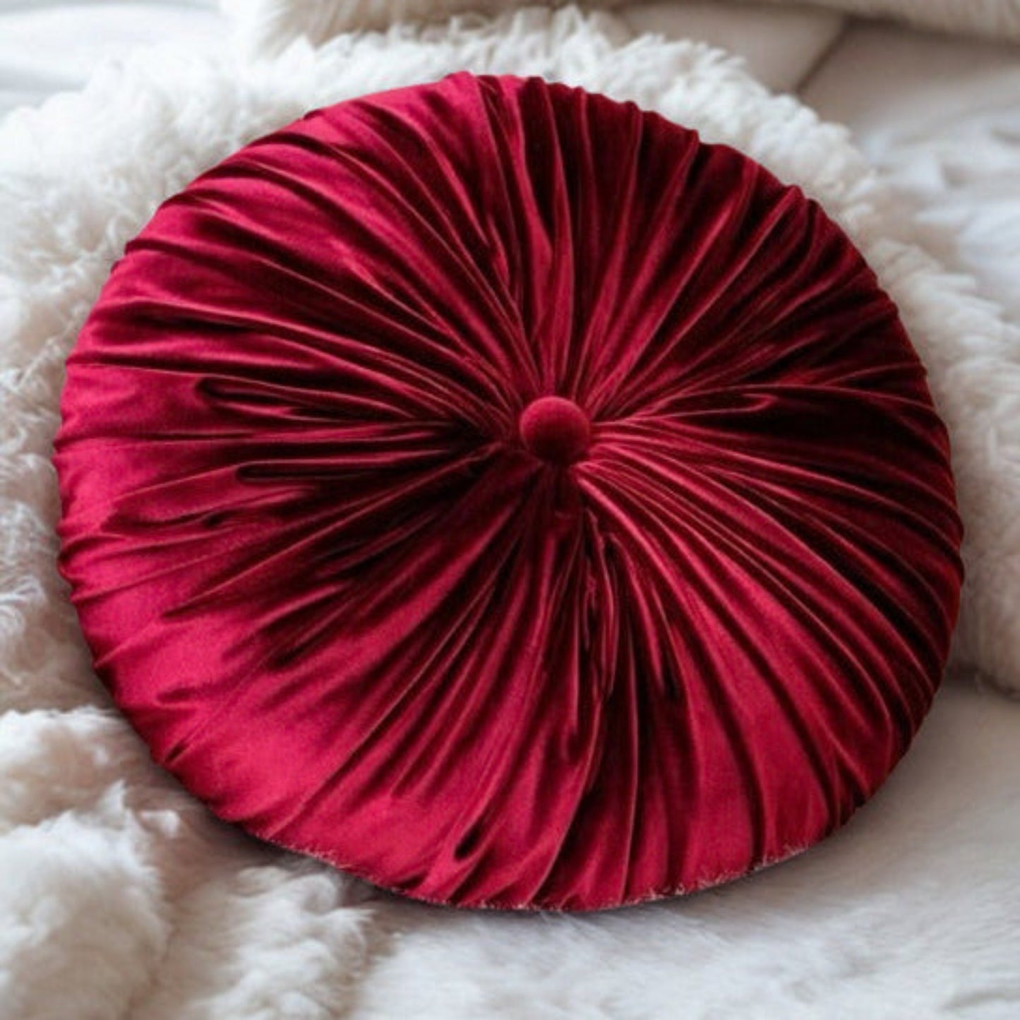 18” Handmade Burgundy  Tufted Pillow | Round Pleated Accent Cushion | Luxury Glam Home Décor | Decorative Throw Pillow