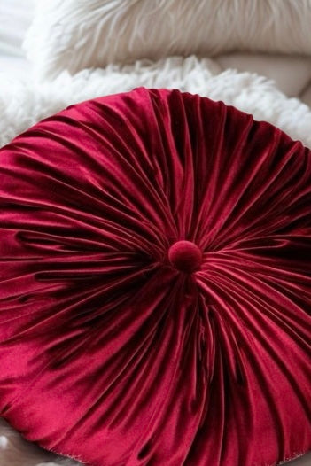 18” Handmade Burgundy  Tufted Pillow | Round Pleated Accent Cushion | Luxury Glam Home Décor | Decorative Throw Pillow