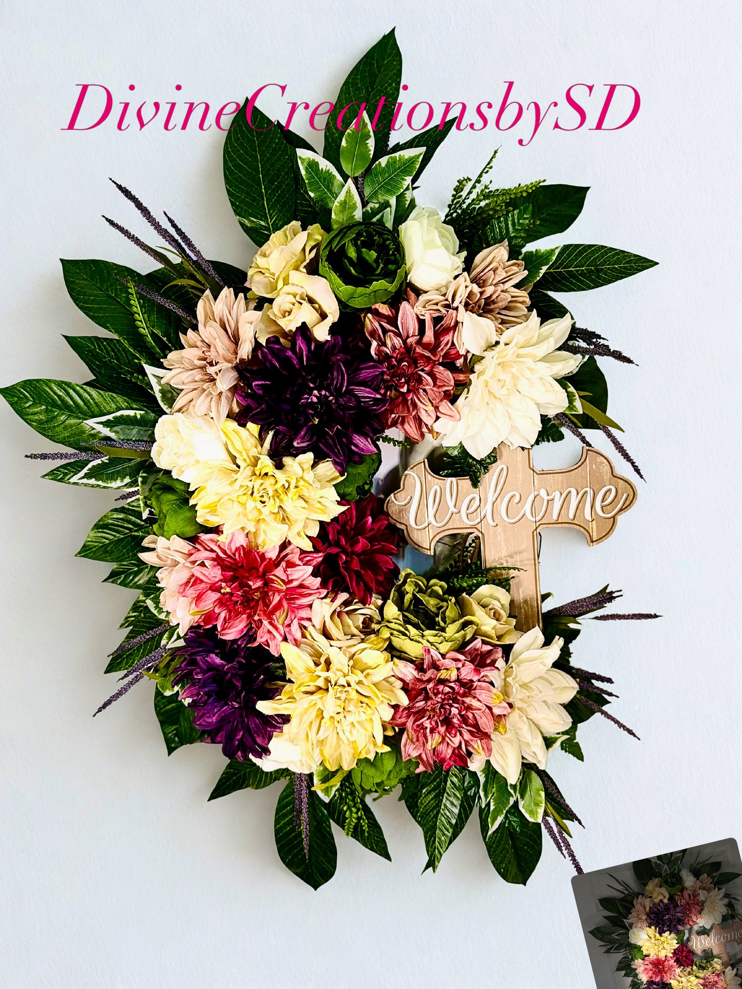32” Colorful Floral Wreath with Welcome Cross – Large Front Door Wreath, Faith-Based Home Decor, Spring Summer Wreath, Everyday Door Hanger