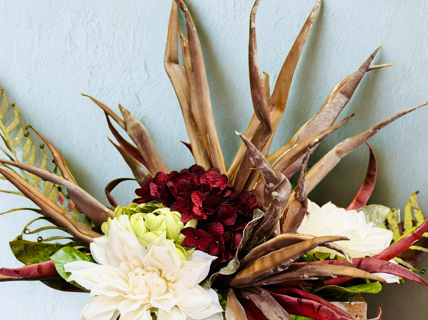Rustic Desert Floral Arrangement – White Dahlia & Palm Frond Centerpiece in Weathered Wood Planter, Farmhouse Table Decor