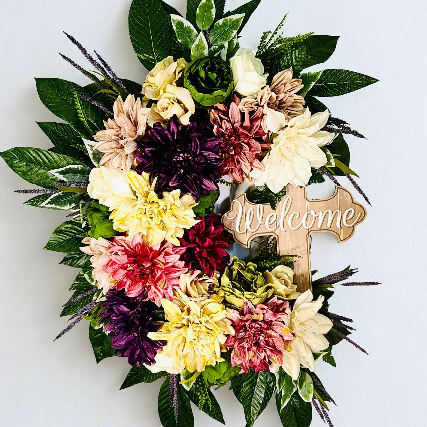 32” Colorful Floral Wreath with Welcome Cross – Large Front Door Wreath, Faith-Based Home Decor, Spring Summer Wreath, Everyday Door Hanger