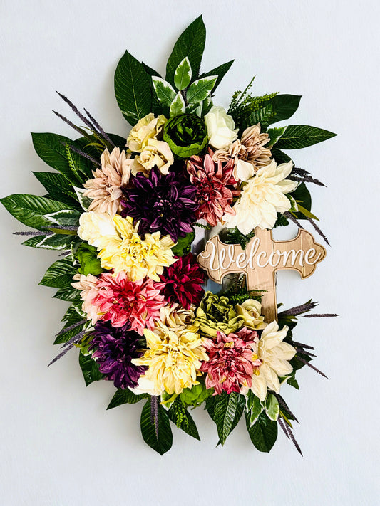 32” Colorful Floral Wreath with Welcome Cross – Large Front Door Wreath, Faith-Based Home Decor, Spring Summer Wreath, Everyday Door Hanger
