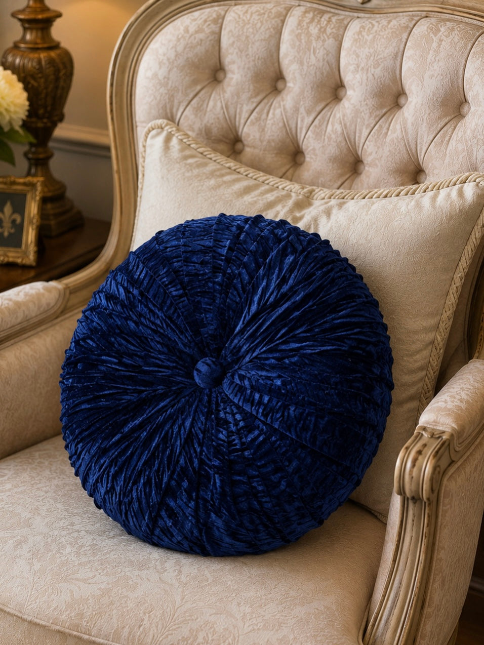 16” Handmade Royal Blue Tufted Pillow | Round Velvety Accent Cushion | Luxury Decorative Throw Pillow | Glam Home Décor