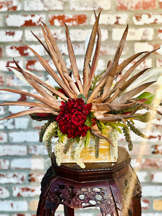 Rustic FarmHouse Floral Arrangement-Dahlia Centerpiece with Desert Palm Fronds, Farmhouse Decor,
