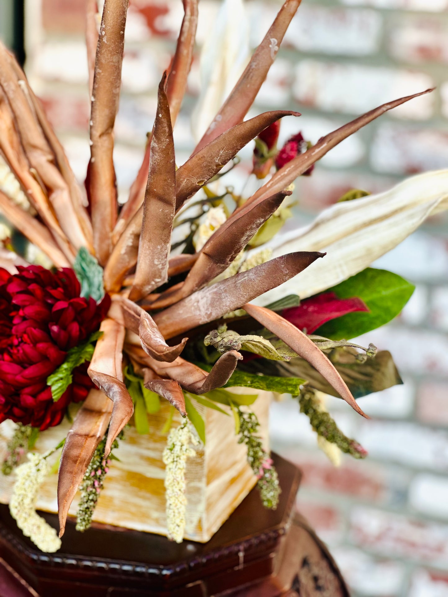 Rustic FarmHouse Floral Arrangement-Dahlia Centerpiece with Desert Palm Fronds, Farmhouse Decor,