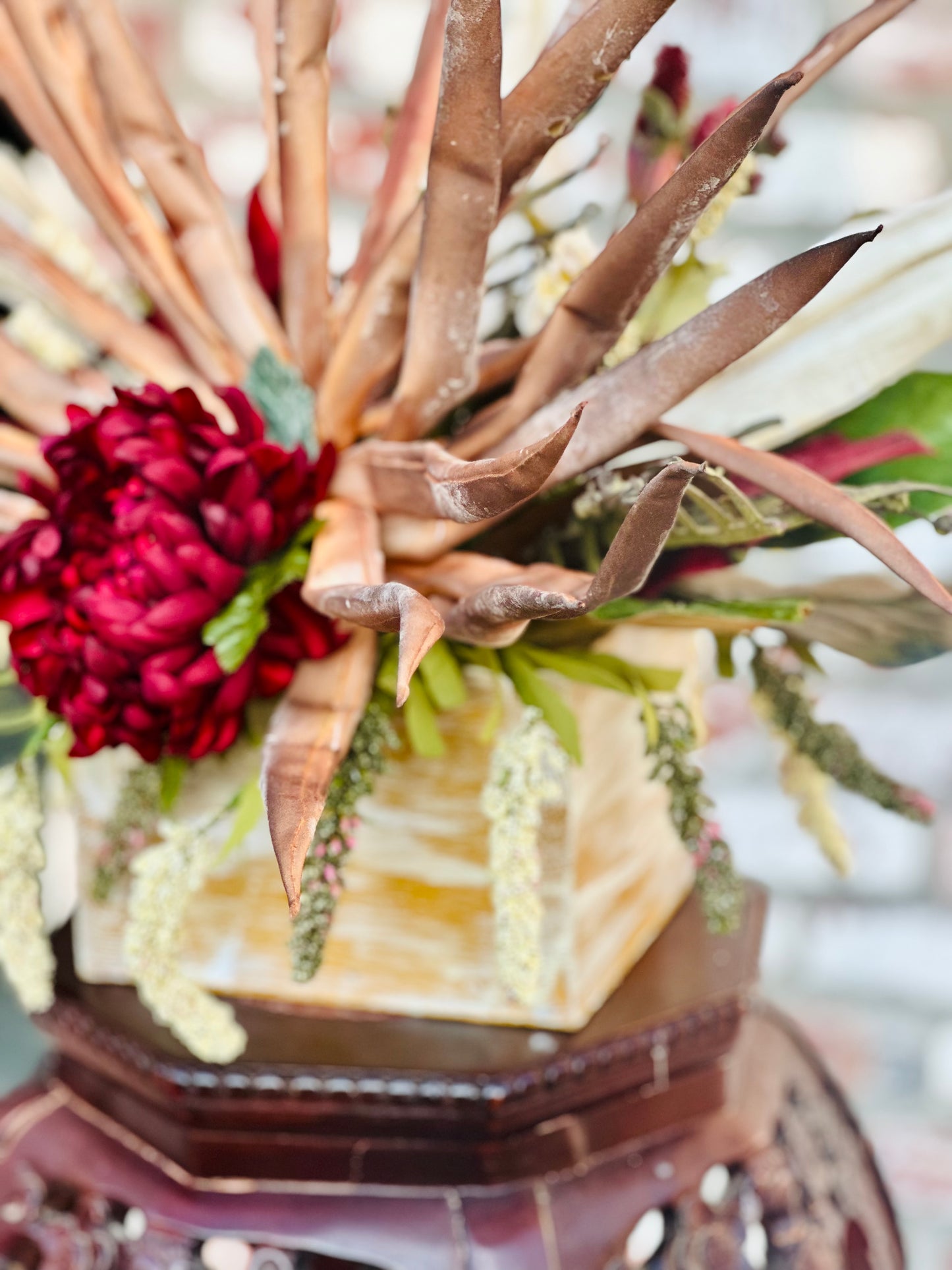 Rustic FarmHouse Floral Arrangement-Dahlia Centerpiece with Desert Palm Fronds, Farmhouse Decor,