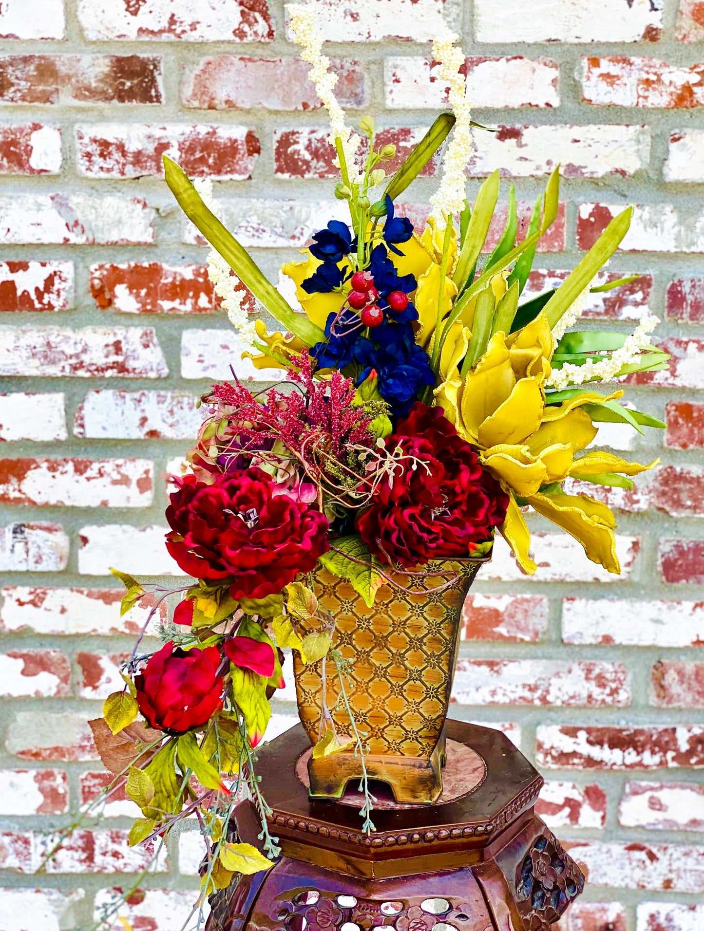 Statement Faux Flower Arrangement – Designer Vase – Rich Jewel-Tone Silk Florals