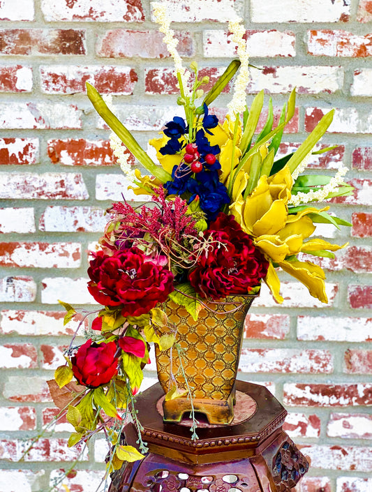 Statement Faux Flower Arrangement – Designer Vase – Rich Jewel-Tone Silk Florals