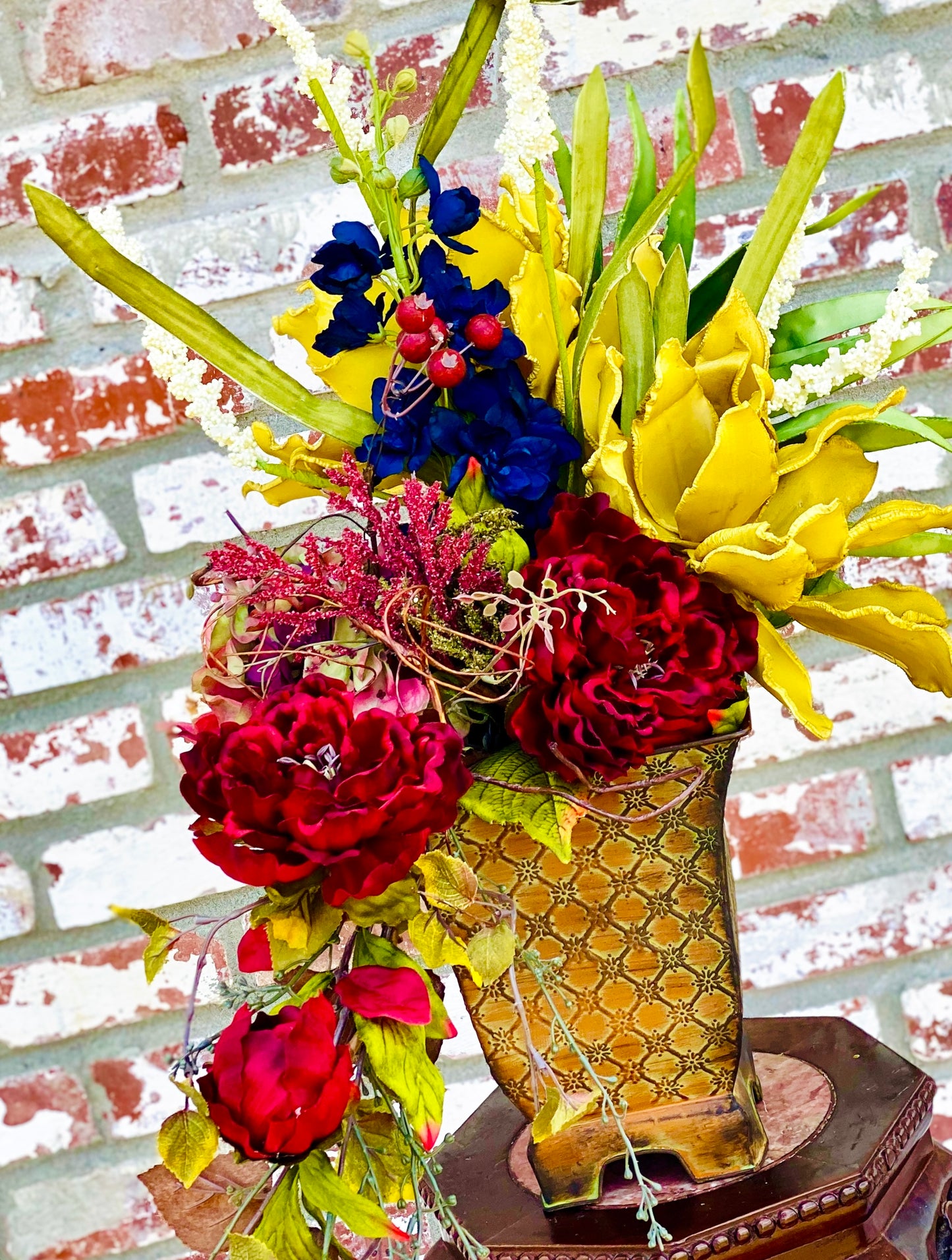 Statement Faux Flower Arrangement – Designer Vase – Rich Jewel-Tone Silk Florals