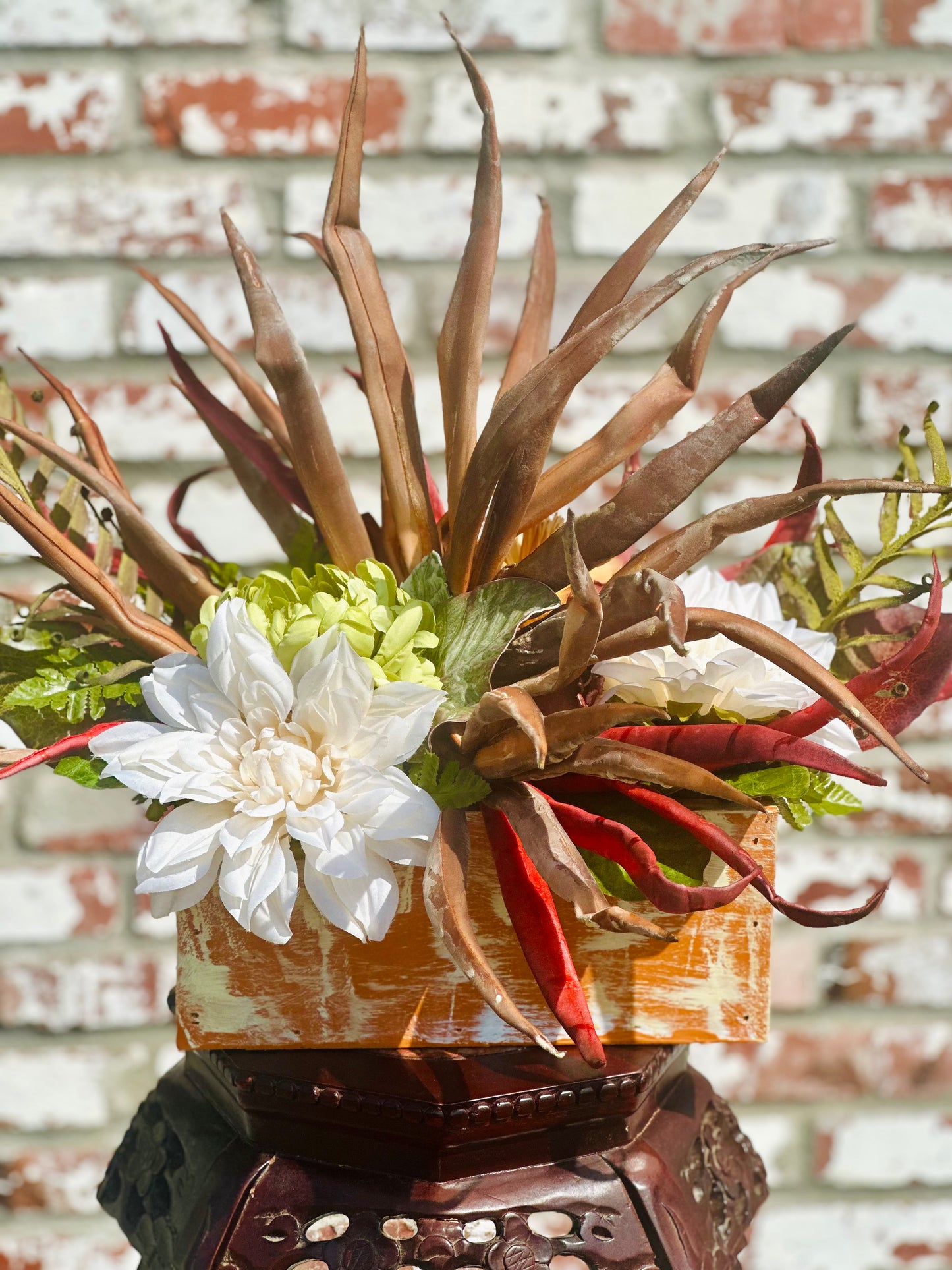 Rustic Desert Floral Arrangement – White Dahlia & Palm Frond Centerpiece in Weathered Wood Planter, Farmhouse Table Decor