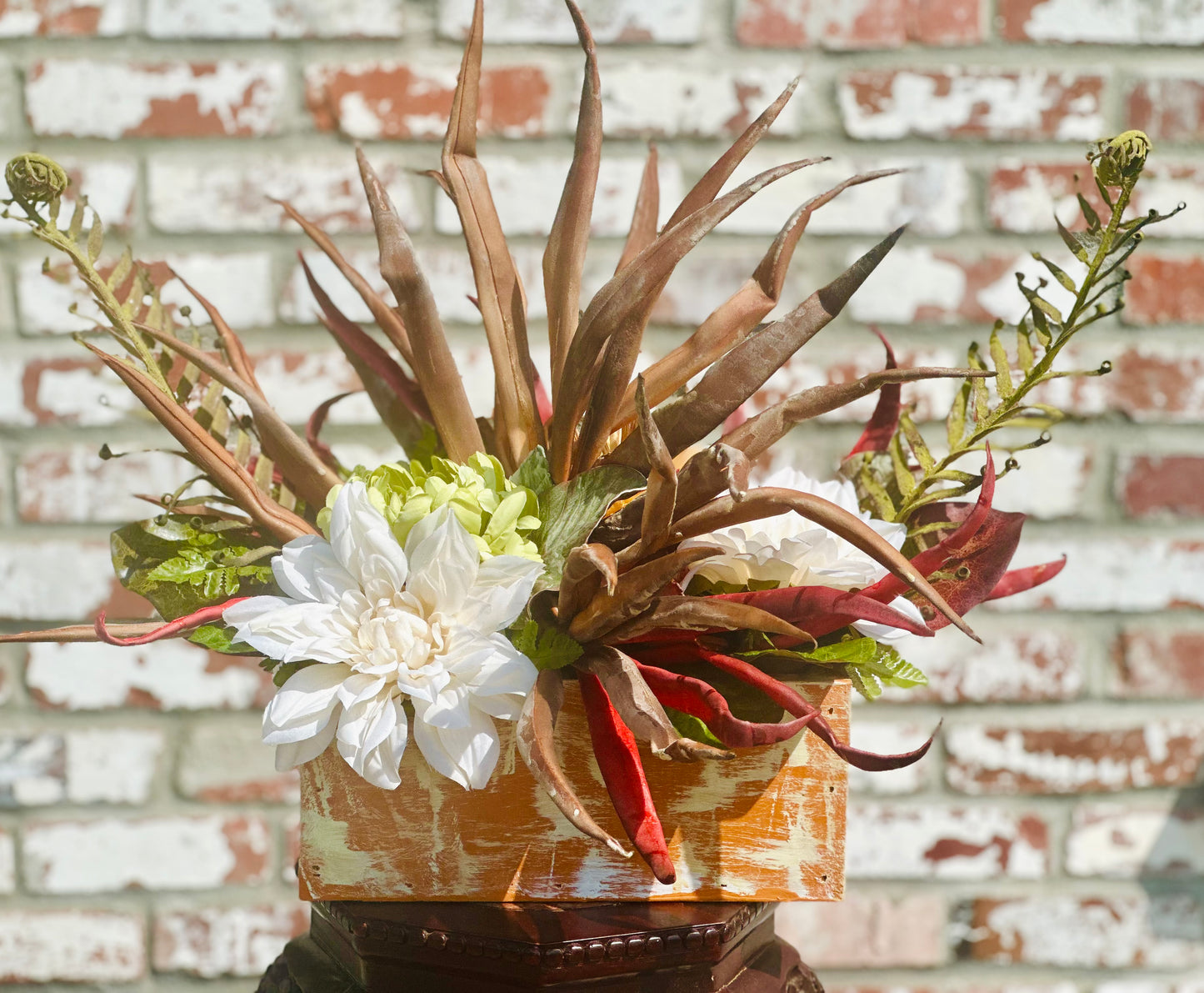 Rustic Desert Floral Arrangement – White Dahlia & Palm Frond Centerpiece in Weathered Wood Planter, Farmhouse Table Decor