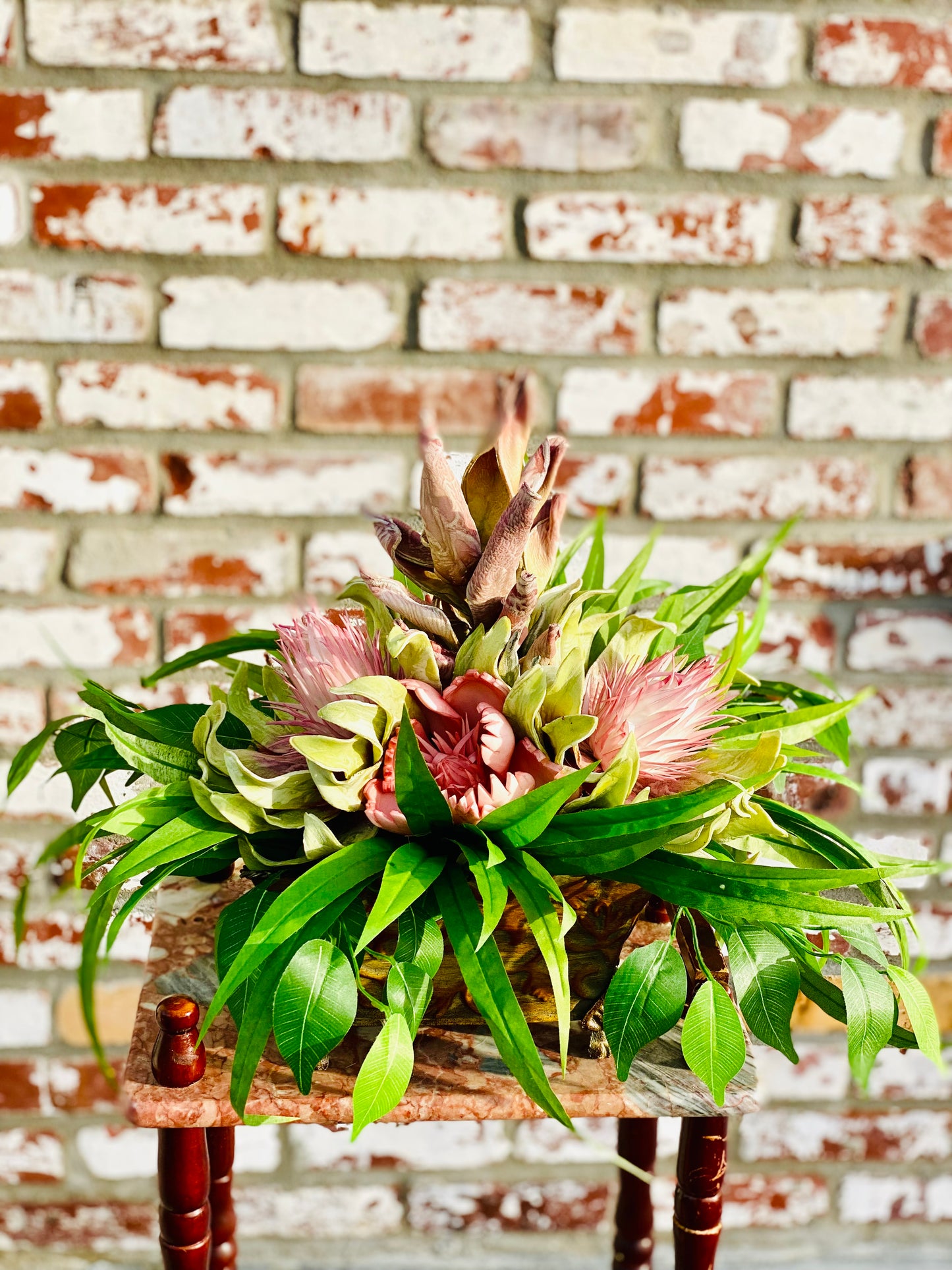 Tropical Silk Floral Arrangement – Blush Protea Centerpiece – Faux Greenery Décor