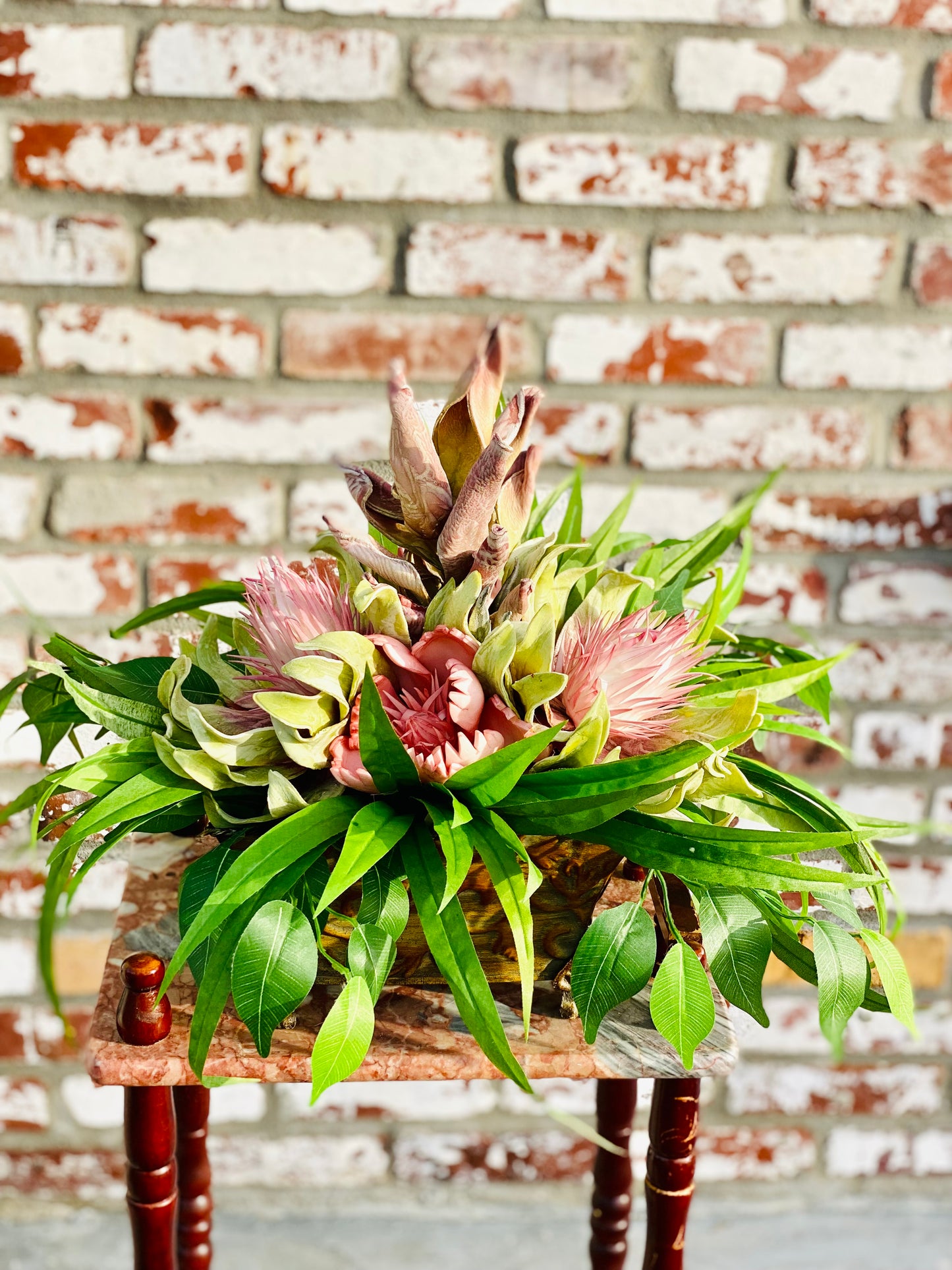 Tropical Silk Floral Arrangement – Blush Protea Centerpiece – Faux Greenery Décor