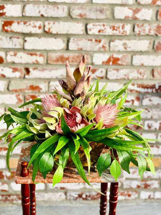 Tropical Silk Floral Arrangement – Blush Protea Centerpiece – Faux Greenery Décor