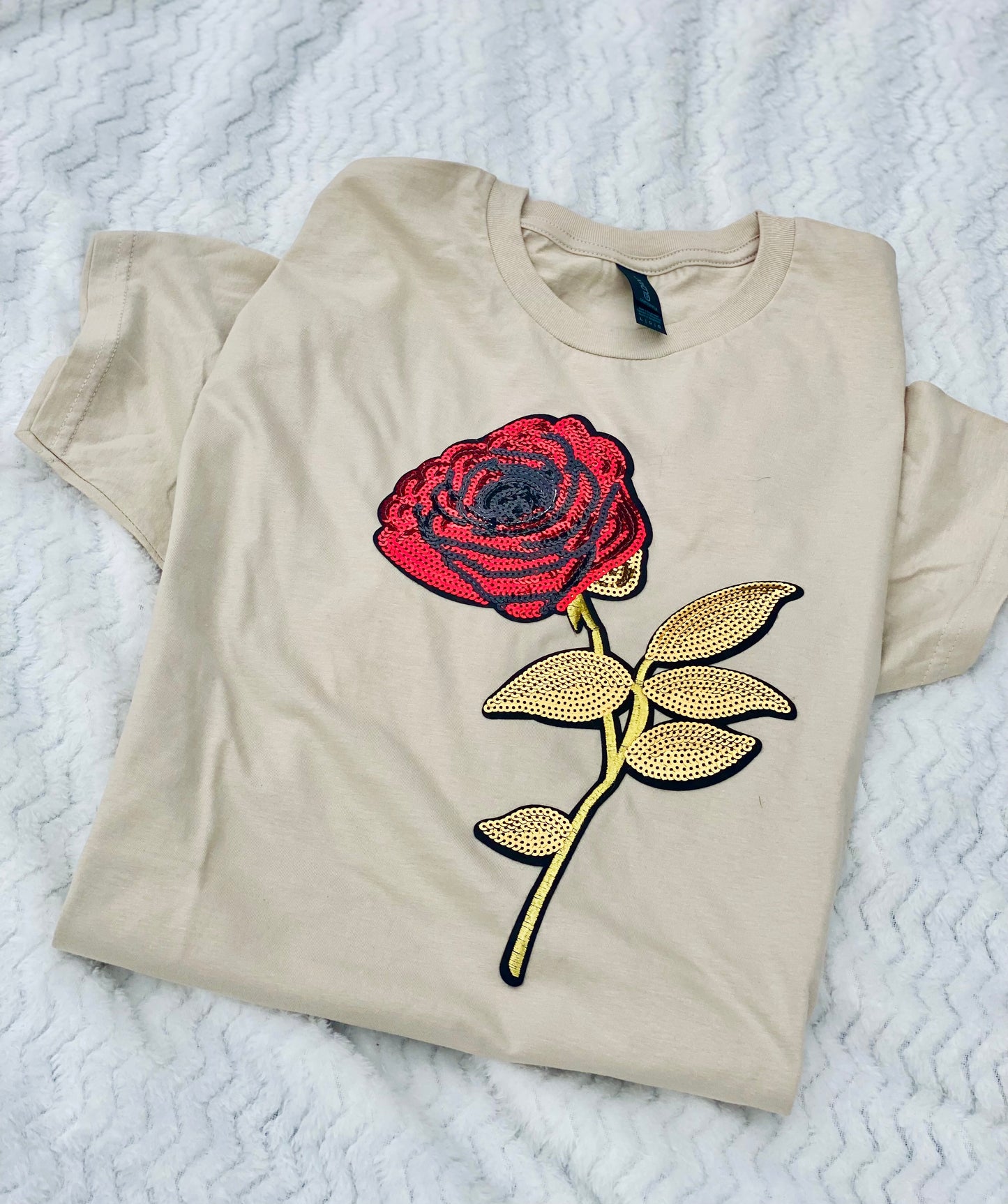 Beige Graphic Rose T-Shirt – Sequin Embroidered Floral Tee for Women & Teens