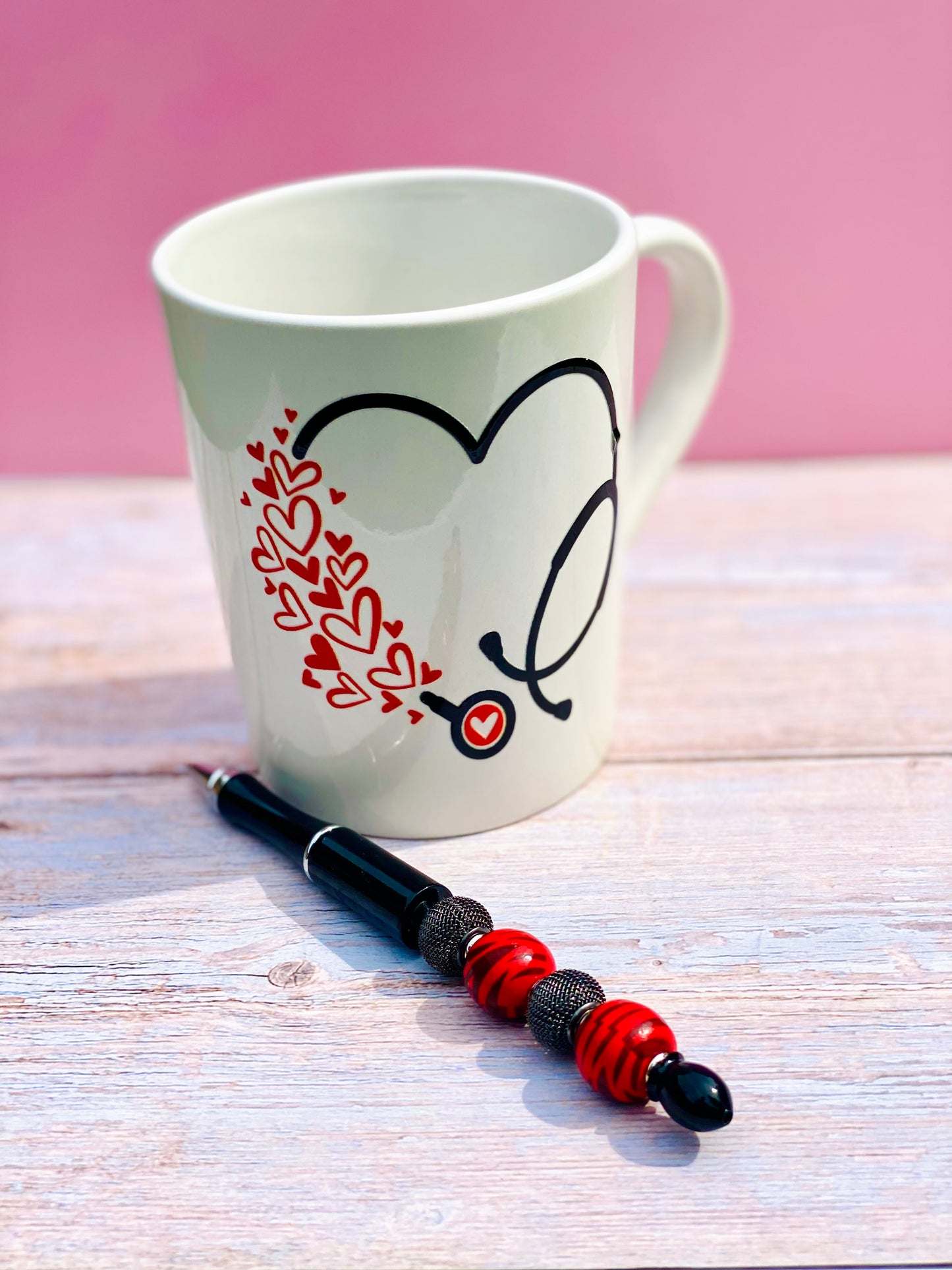 The Heart of Care™ Gift Set – Designer Nurse Mug + Hand-Made Beaded Pen