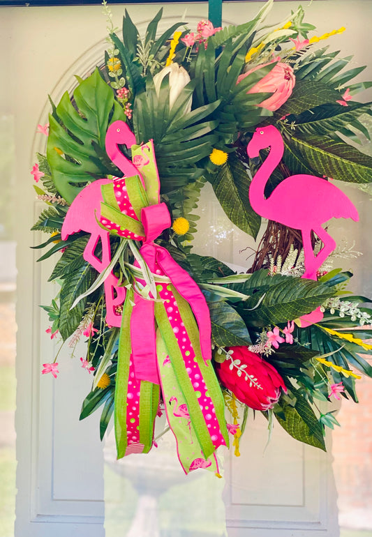 Tropical Flamingo Wreath – Summer Door Decor with Hot Pink Ribbon + Palm Leaves