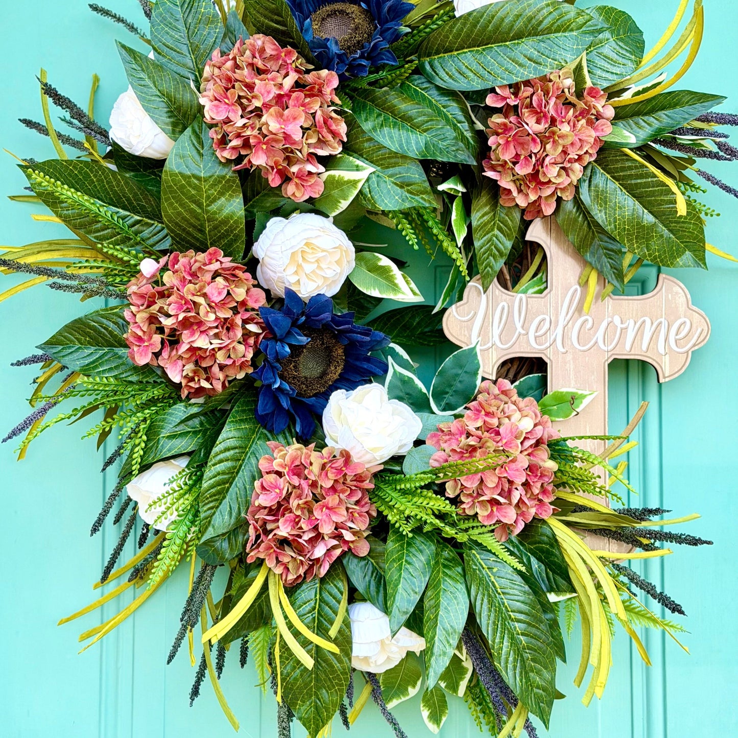 Spring/Summer Front Door Wreath, Pink Hydrangea & Navy Wreath,