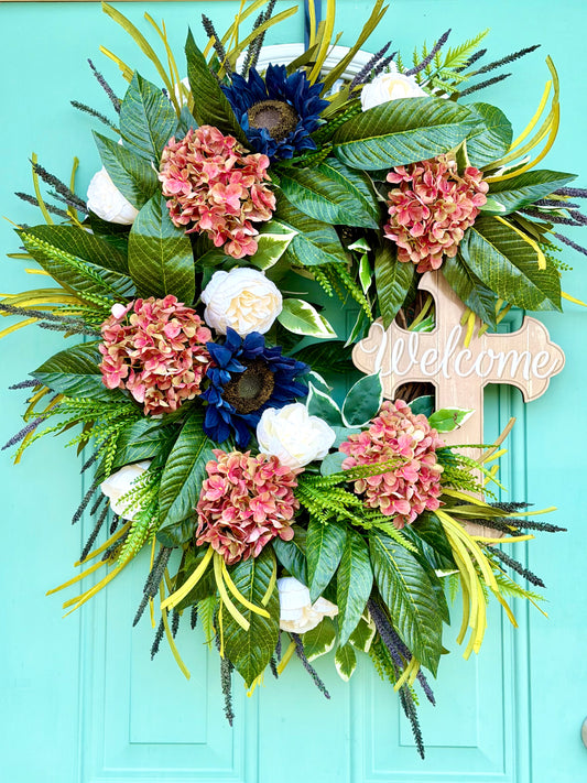 Spring/Summer Front Door Wreath, Pink Hydrangea & Navy Wreath,
