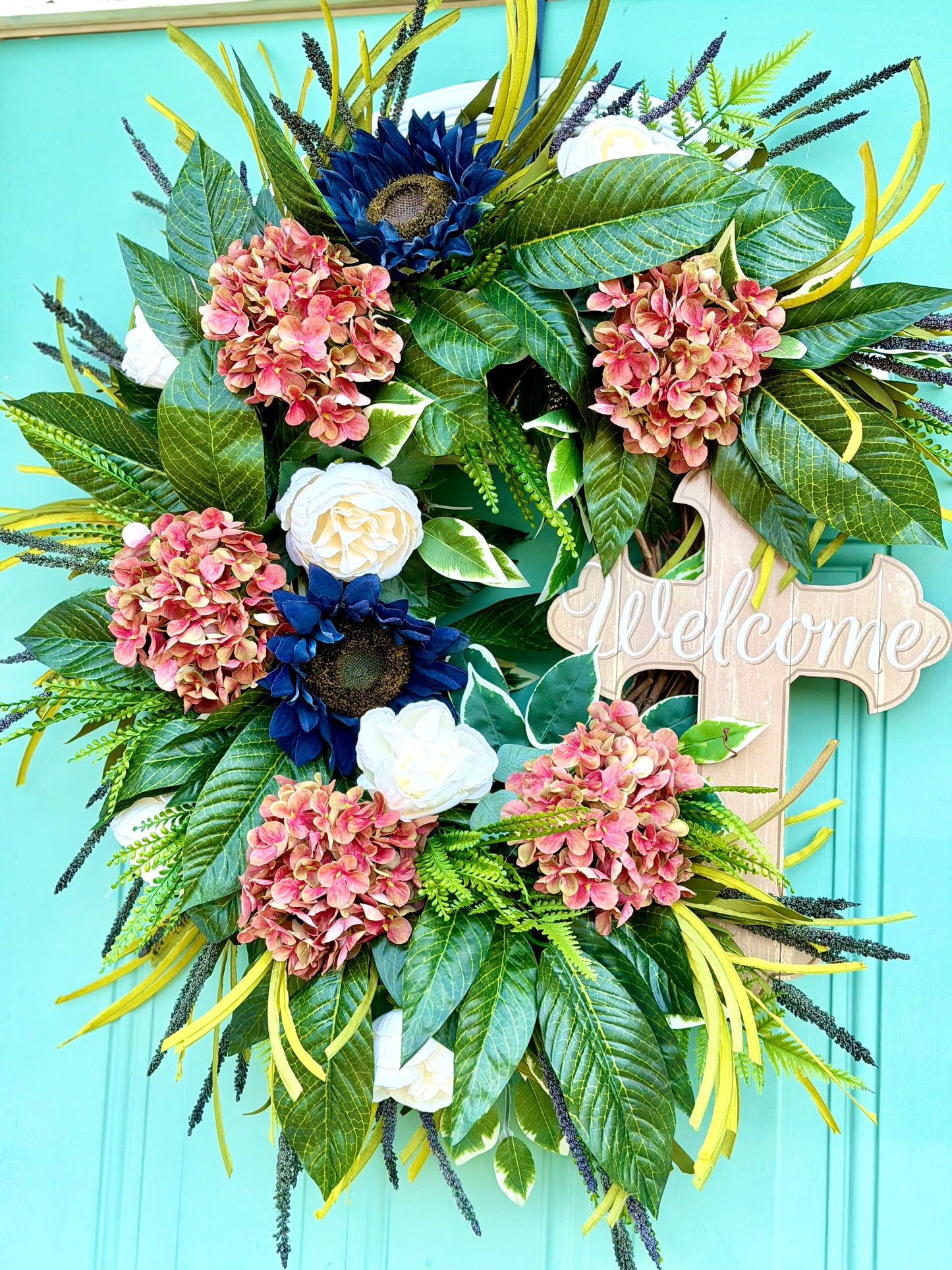 Spring/Summer Front Door Wreath, Pink Hydrangea & Navy Wreath,
