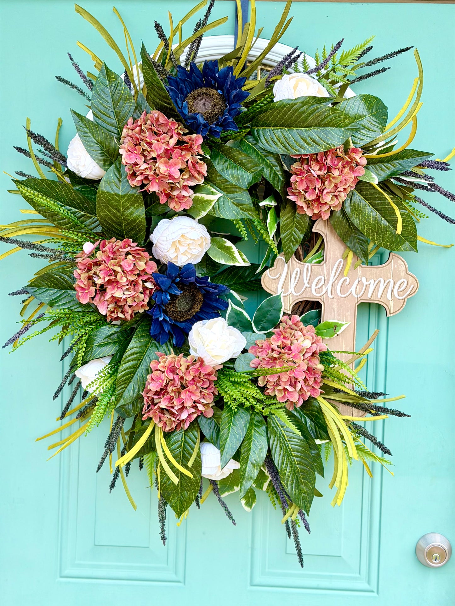 Spring/Summer Front Door Wreath, Pink Hydrangea & Navy Wreath,