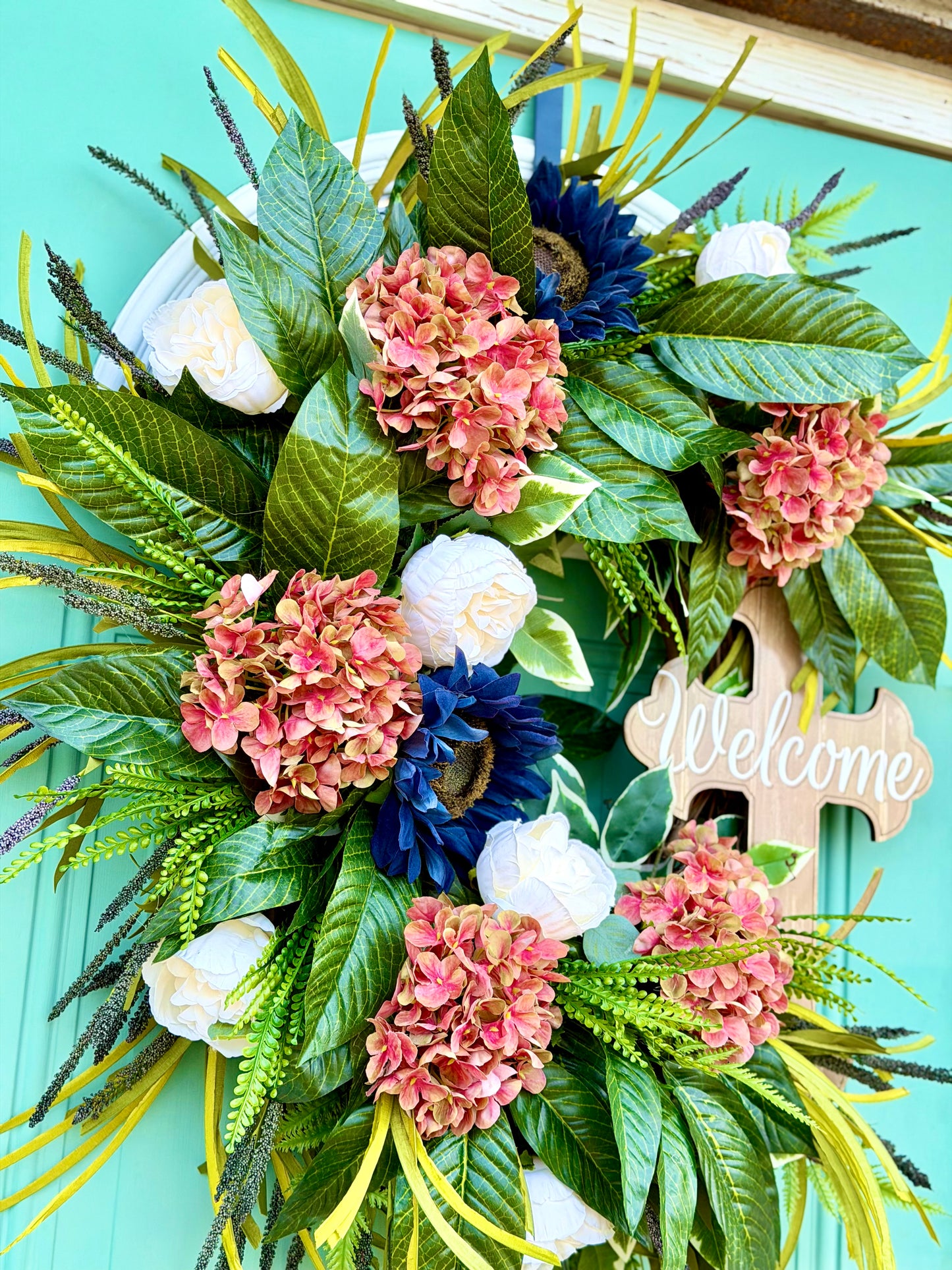 Spring/Summer Front Door Wreath, Pink Hydrangea & Navy Wreath,
