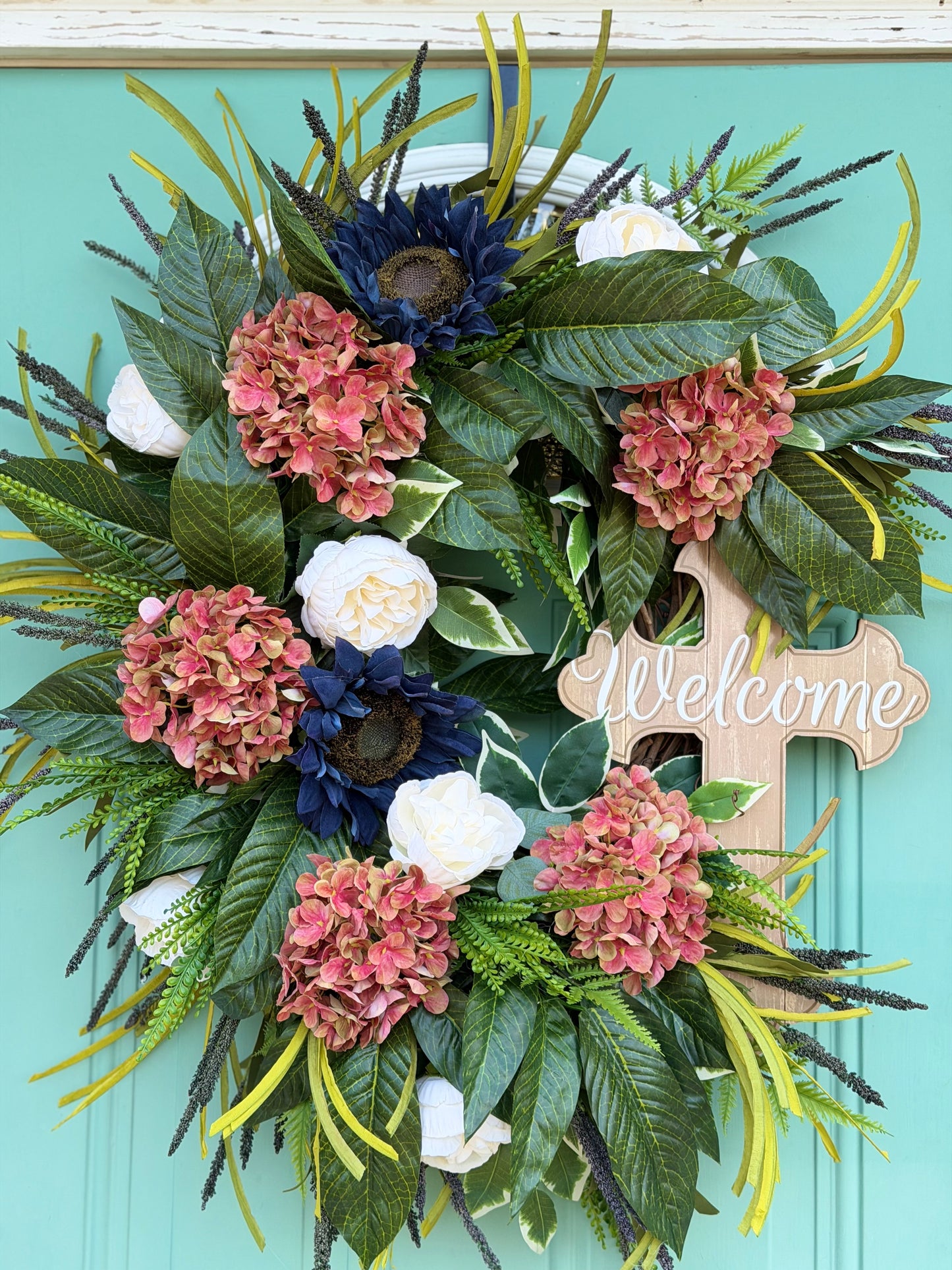 Spring/Summer Front Door Wreath, Pink Hydrangea & Navy Wreath,