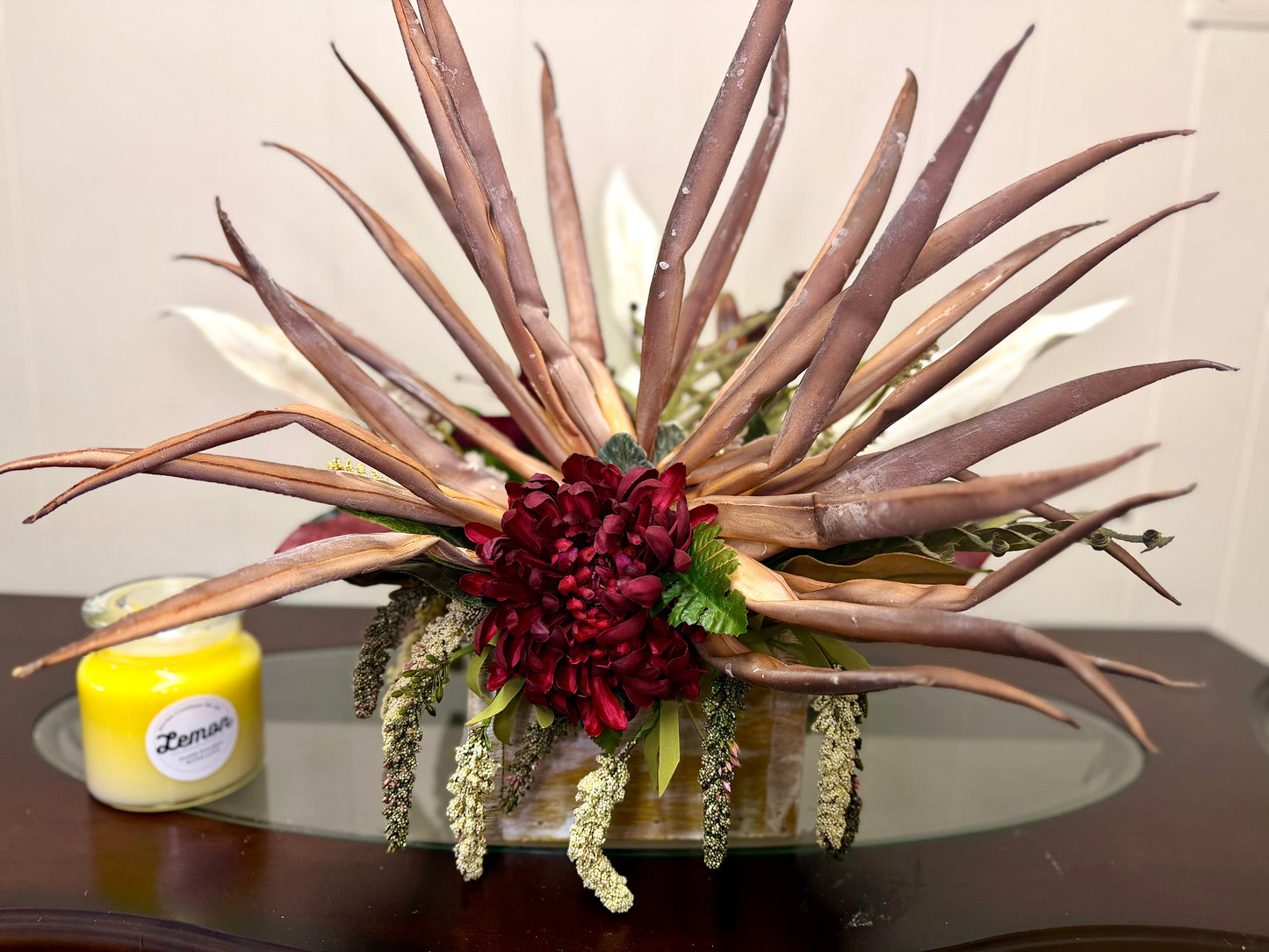 Rustic FarmHouse Floral Arrangement-Dahlia Centerpiece with Desert Palm Fronds, Farmhouse Decor,