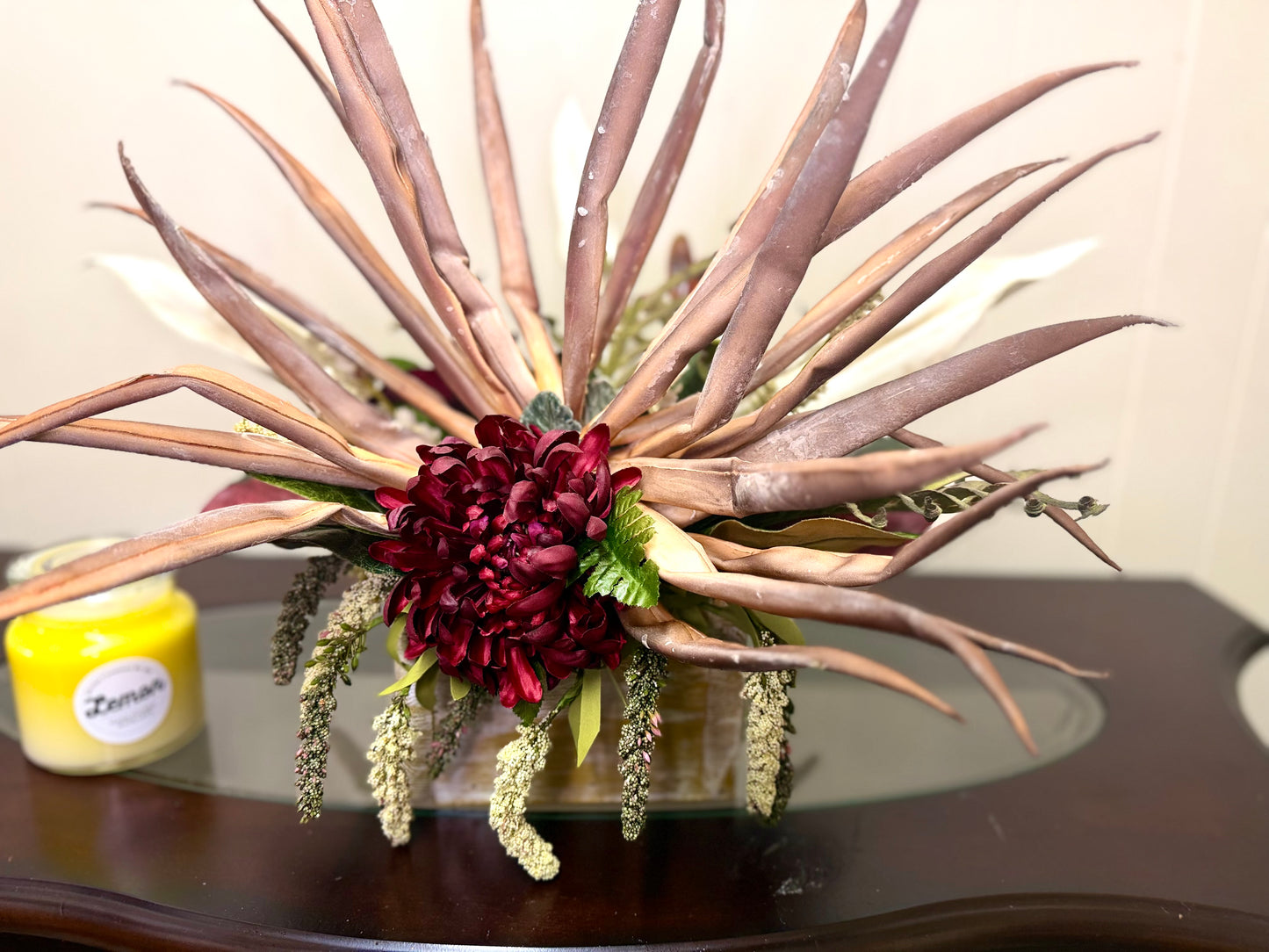 Rustic FarmHouse Floral Arrangement-Dahlia Centerpiece with Desert Palm Fronds, Farmhouse Decor,