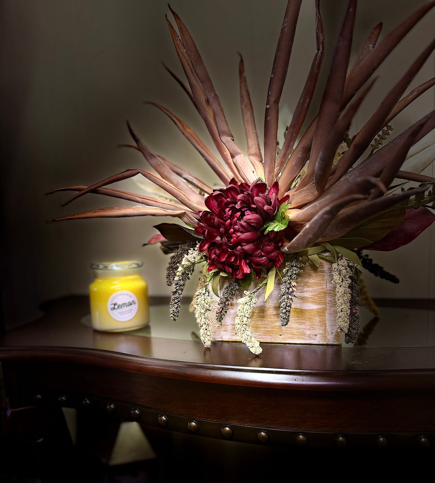 Rustic FarmHouse Floral Arrangement-Dahlia Centerpiece with Desert Palm Fronds, Farmhouse Decor,
