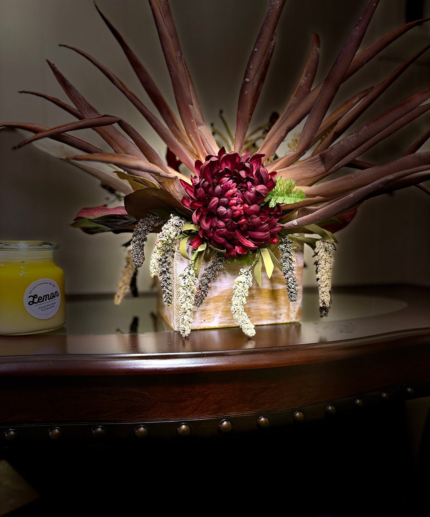 Rustic FarmHouse Floral Arrangement-Dahlia Centerpiece with Desert Palm Fronds, Farmhouse Decor,