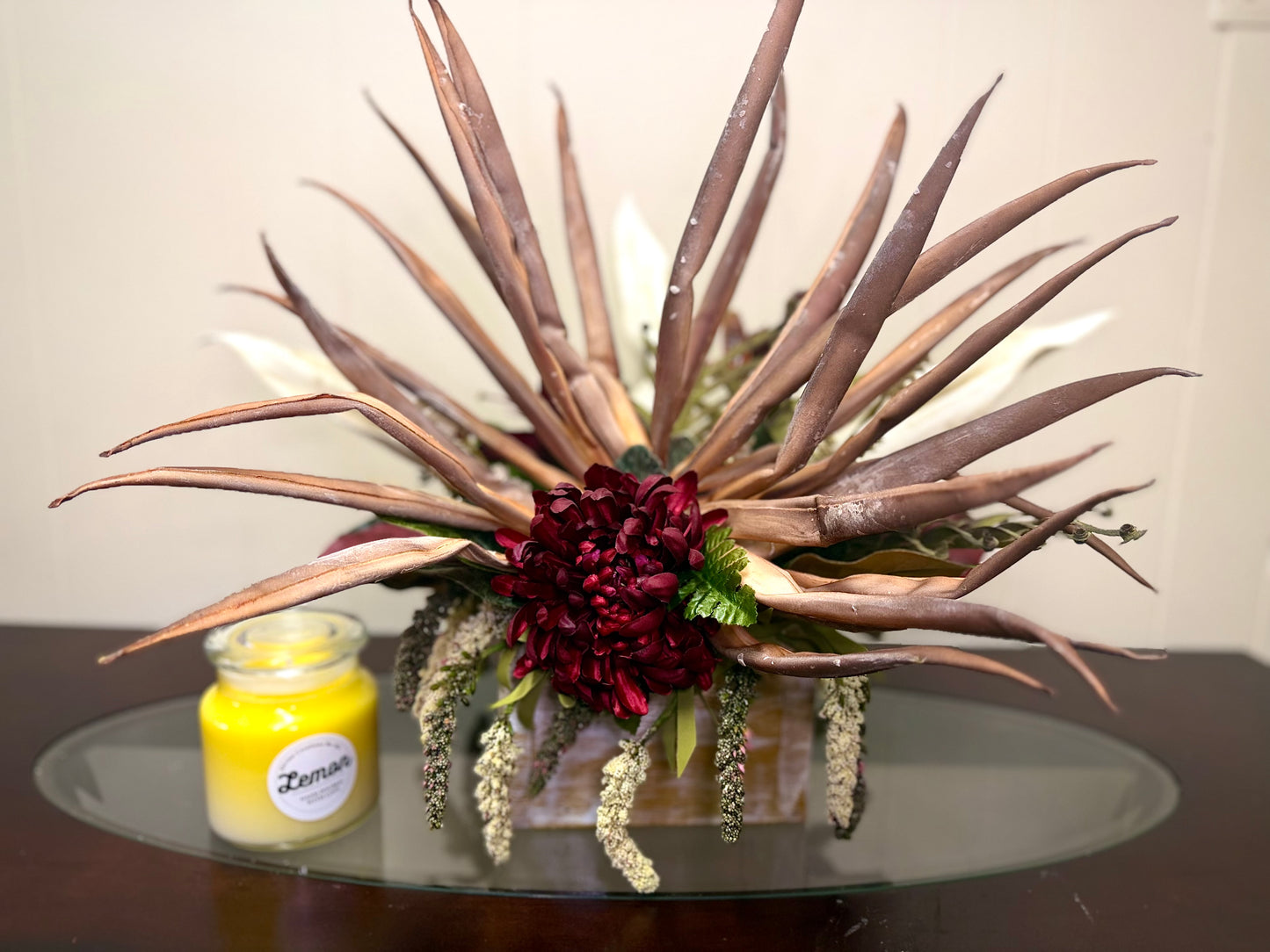 Rustic FarmHouse Floral Arrangement-Dahlia Centerpiece with Desert Palm Fronds, Farmhouse Decor,