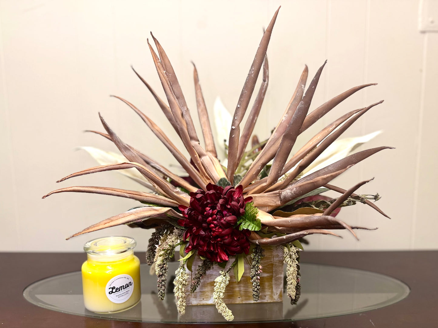 Rustic FarmHouse Floral Arrangement-Dahlia Centerpiece with Desert Palm Fronds, Farmhouse Decor,