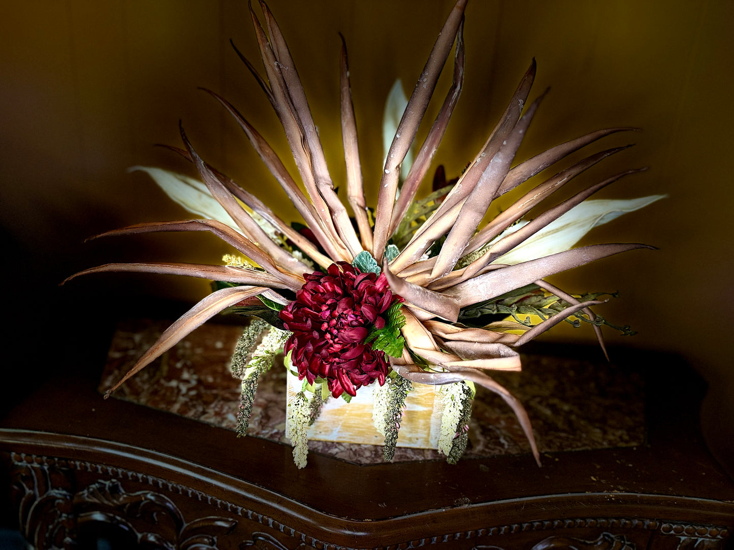 Rustic FarmHouse Floral Arrangement-Dahlia Centerpiece with Desert Palm Fronds, Farmhouse Decor,