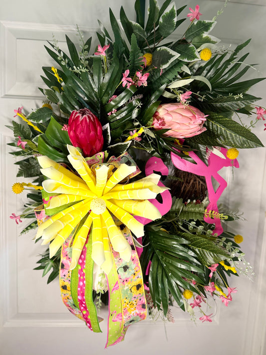 Tropical Flamingo Wreath – Spring/Summer Door Decor with Hot Pink Ribbon + Palm Leaves