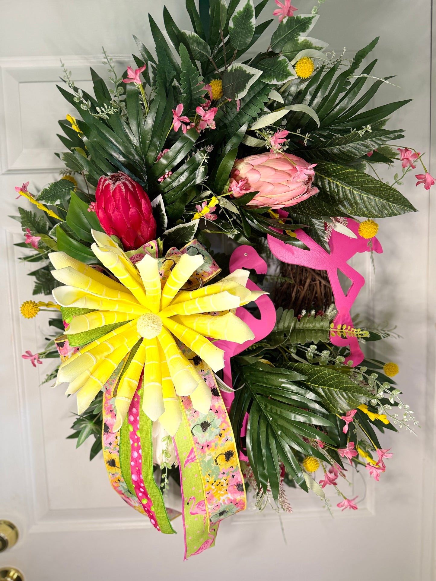 Tropical Flamingo Wreath – Spring/Summer Door Decor with Hot Pink Ribbon + Palm Leaves
