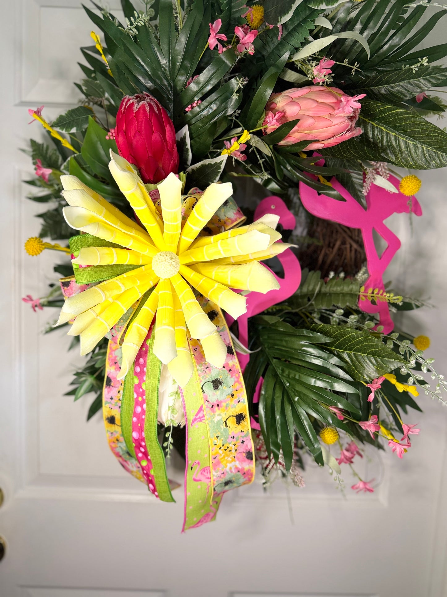 Tropical Flamingo Wreath – Spring/Summer Door Decor with Hot Pink Ribbon + Palm Leaves